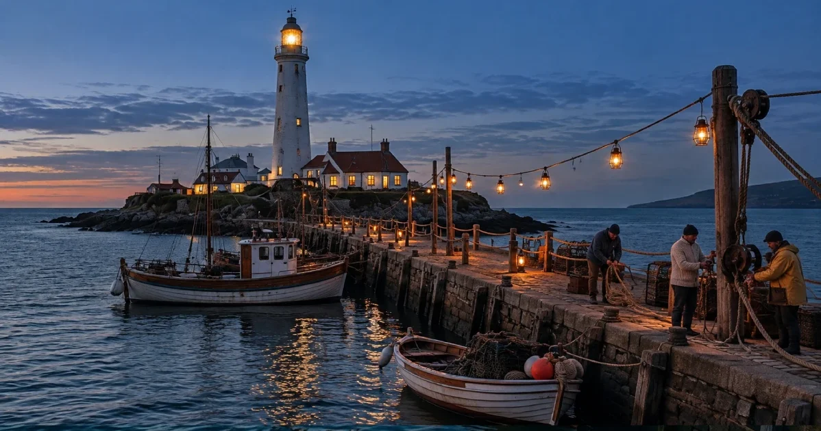 Conceptual photography of an interconnected network of lanterns leading to a lighthouse, illustrating data streams, AI agents, and system integration.